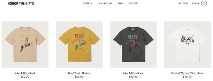 A selection of shirts from the Honor The Gift online store