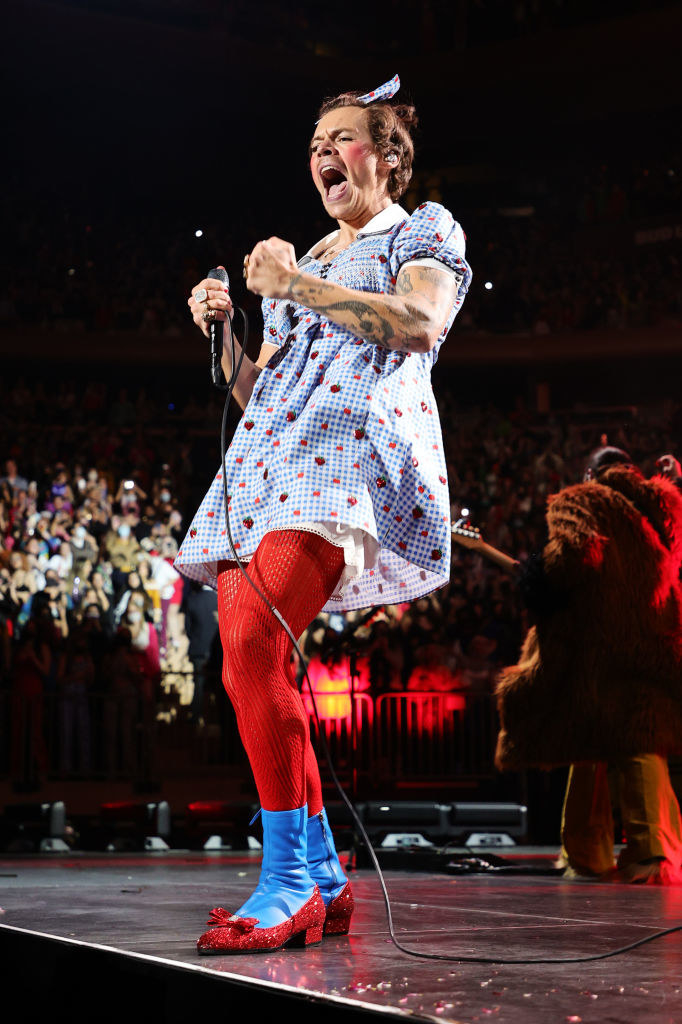 Harry Styles performing onstage while dressed like Dorothy from The Wizard of Oz