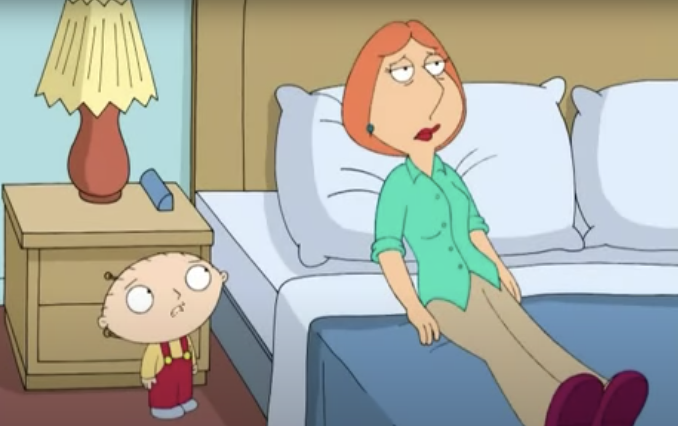 Stewie looking up at Lois lying on a bed with her eyes open on Family Guy