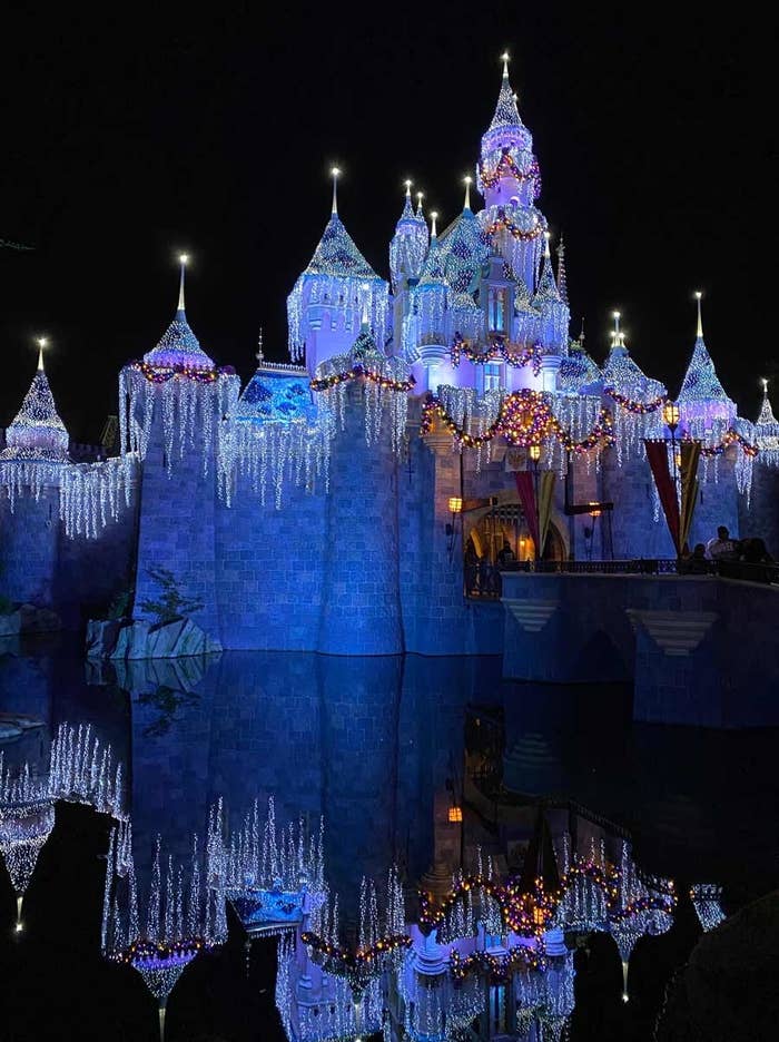 Sleeping Beauty's castle covered in lights that look like icicles at night time