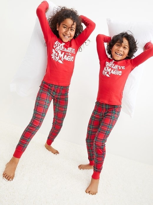 Models wearing the red plaid pajamas