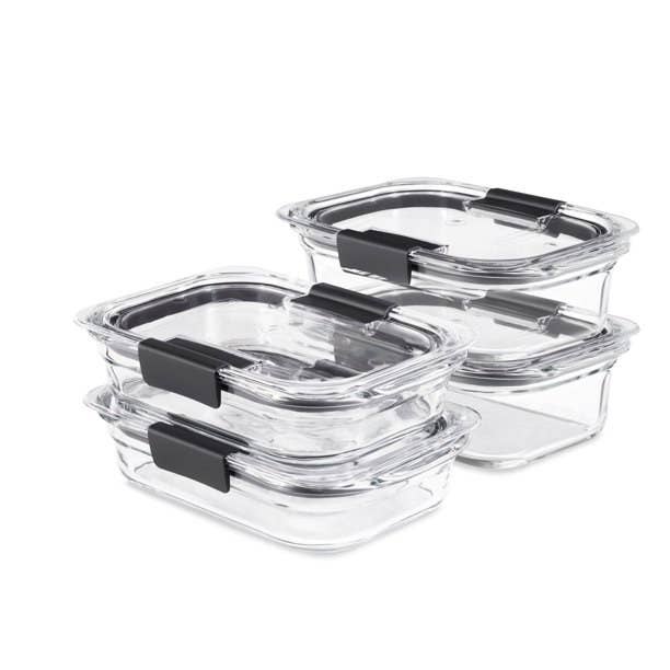 A set of four clear Rubbermaid food containers.