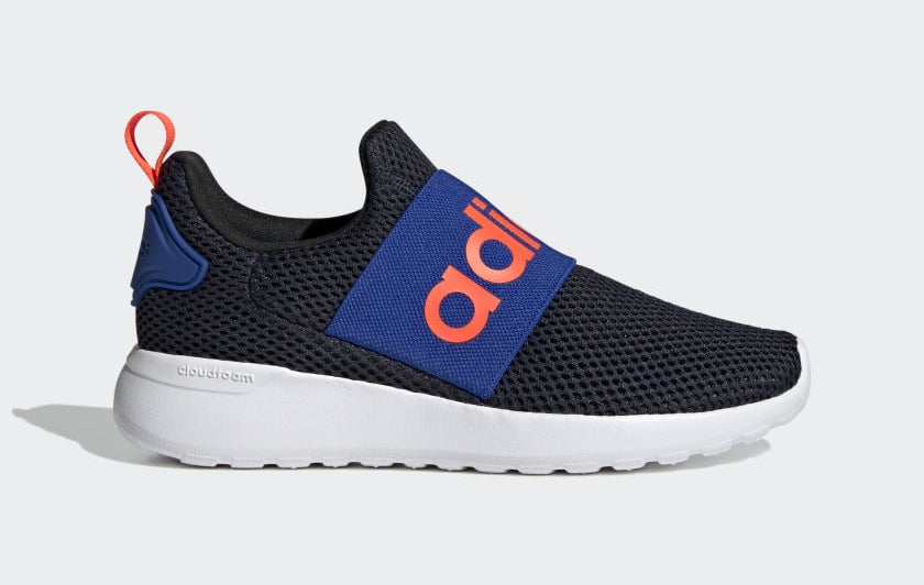 the kid&#x27;s slip on sneakers with black mesh material and an orange/blue logo on the front