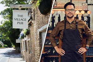 One photo of the outside of a pub with a sign that says "The Village Pub" and another photo of a man in an apron standing in front of a bar.