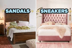 On the left, a bedroom with a bed with a wooden headboard an a wooden nightstand next to it labeled sandals, and on the right, a bed with a cushion velvet headboard and a fuzzy blanket on top labeled sneakers