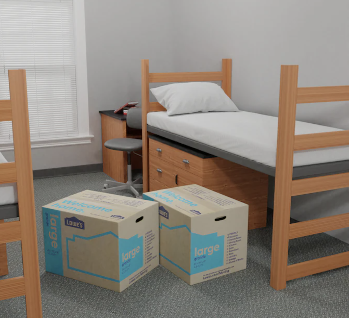 two of the large boxes in a dorm room