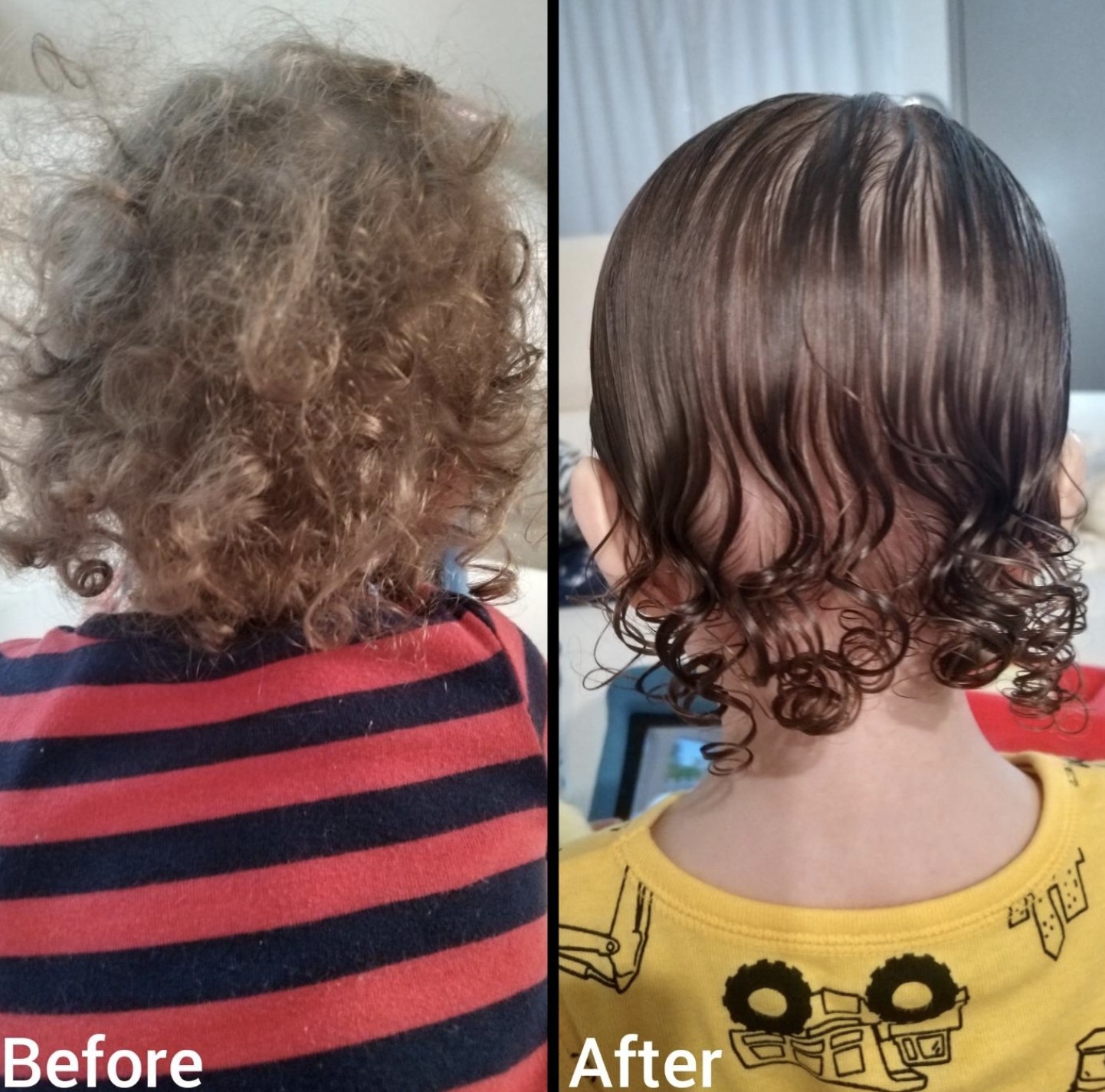 before and after showing toddler&#x27;s curly hair completely combed and detangled after using the product