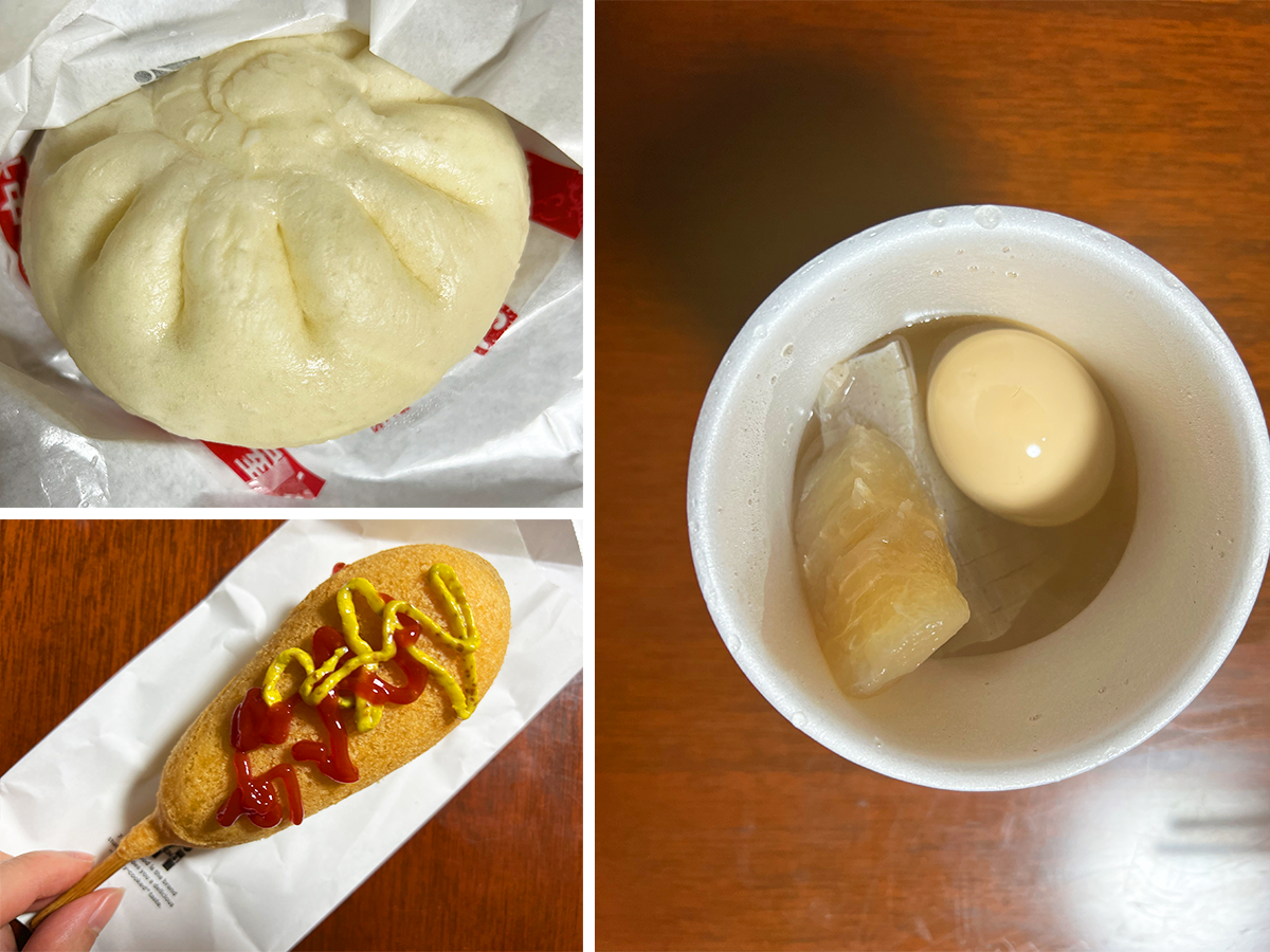 Meat buns, soup, and corn dog with ketchup and mustard