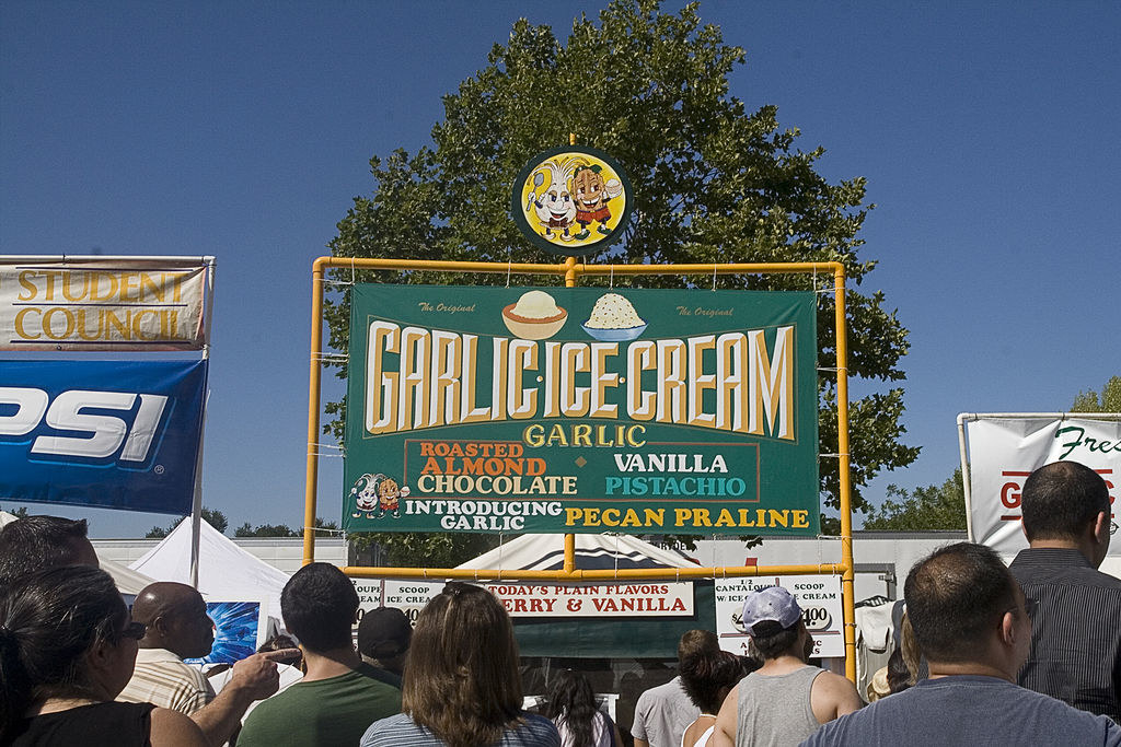 People gathered outside a garlic ice cream stall at the Gilroy Garlic Food Festival