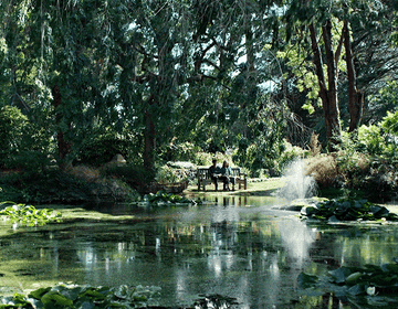 lyra and will from his dark materials sat on a park bench overlooking a large lake