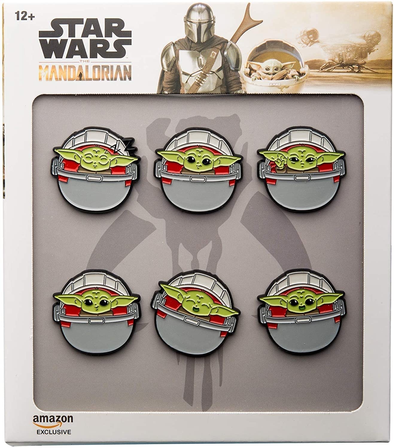 enamel pins of Baby Yoda making different faces