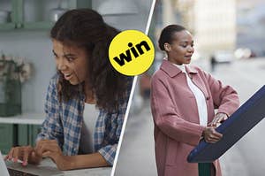 A split screen photo of one woman shocked looking at her computer in a kitchen and another of a woman on a comically large phone swiping on the street. A "Win" sticker is on top of the image.