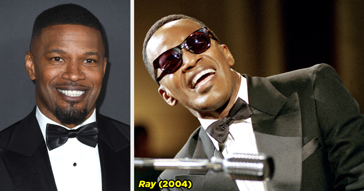 Jamie Foxx on the red carpet and Jamie with sunglasses on playing the piano in the movie Ray