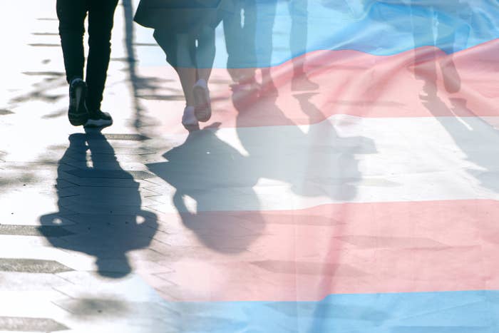 Trans flag with a silhouette of people walking
