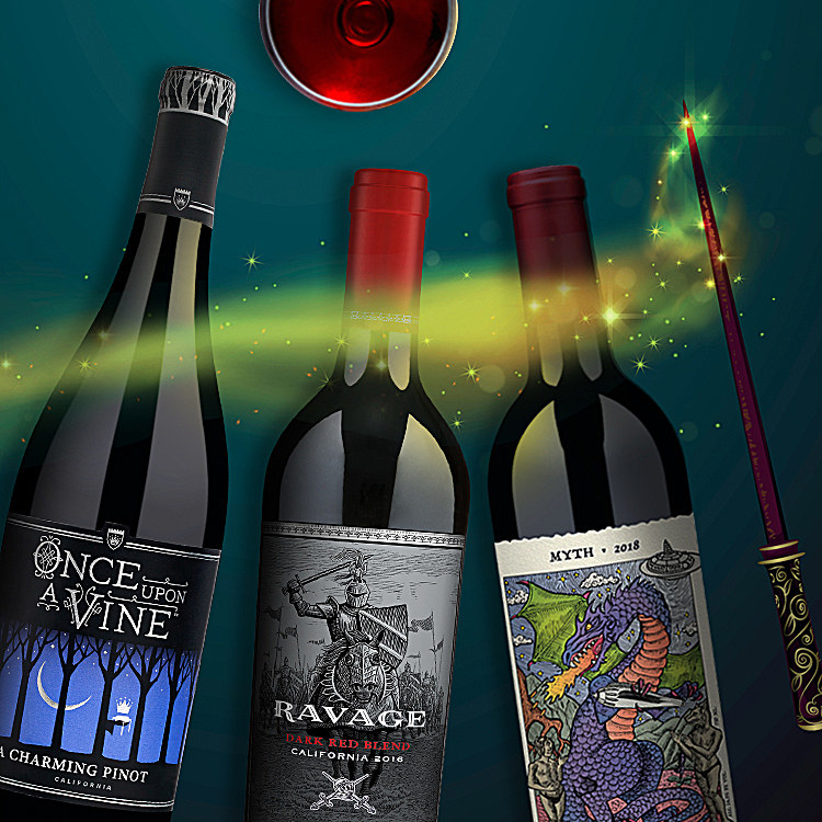 Three bottles of wine with fantasy labels on them like a dragon, a knight, and the woods