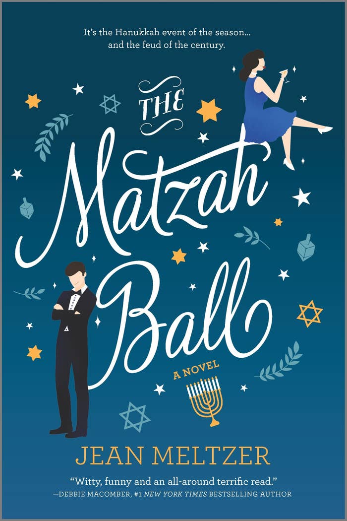 Blue cover featuring a white male in a suit and a white woman in a blue dress. Tag line reads: It&#x27;s the Hanukkah event of the season...and the feud of the century. Title reads: The Matzah Ball, a novel.