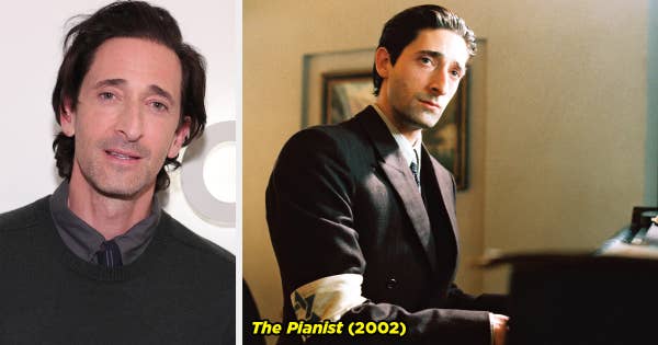 Adrien Brody on the red carpet and Adrian playing the piano in The Pianist
