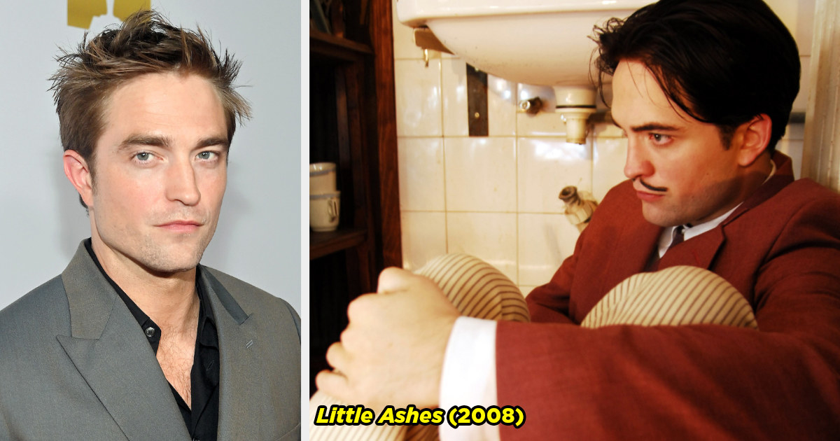 Left, Robert Pattinson in a gray suit; right, Pattinson as Dalí with a high-collar shirt