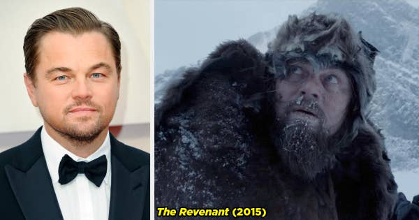Leonardo DiCaprio on the red carpet and Leo playing Hugh Glass in The Revenant