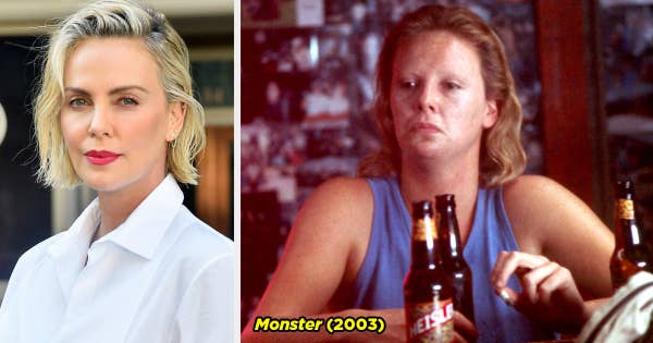 Charlize Theron on the red carpet and Charlize as Aileen Wuornos holding a bottle of beer