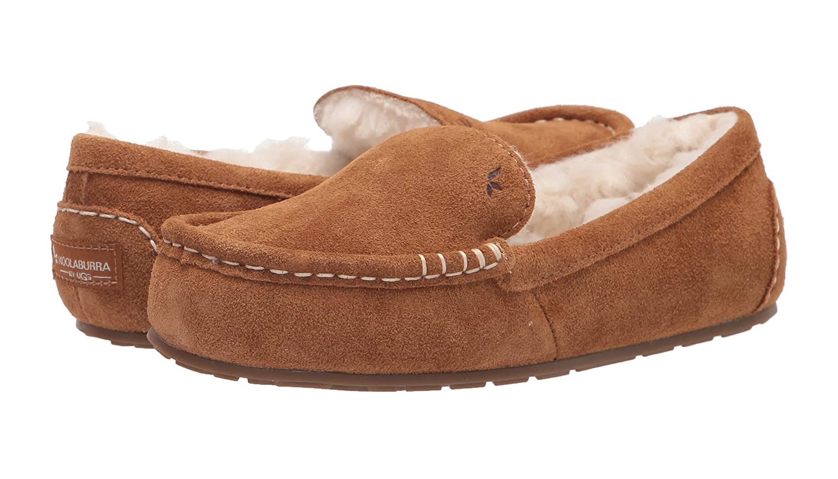 The Koolaburra by Ugg women&#x27;s Lezly slipper in brown with white sheep fur on the inside