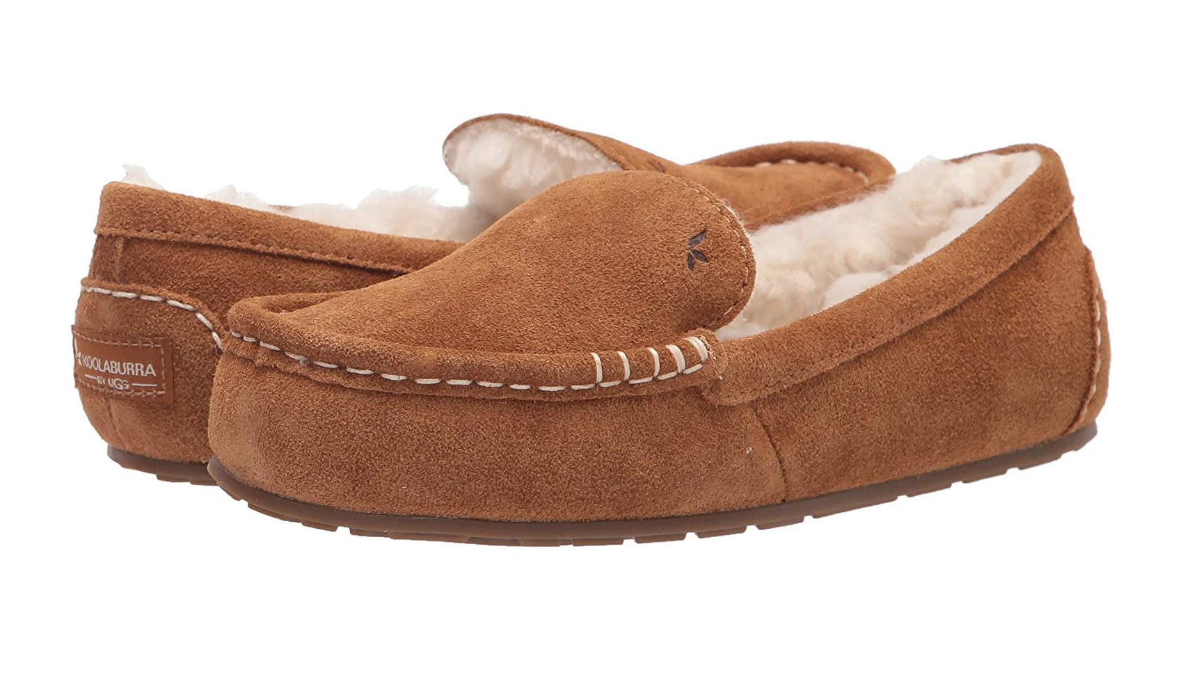 The Koolaburra by Ugg women&#x27;s Lezly slipper in brown with white sheep fur on the inside