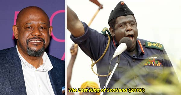 Forest Whitaker on the red carpet and Forest yelling into a microphone as Idi Amin.