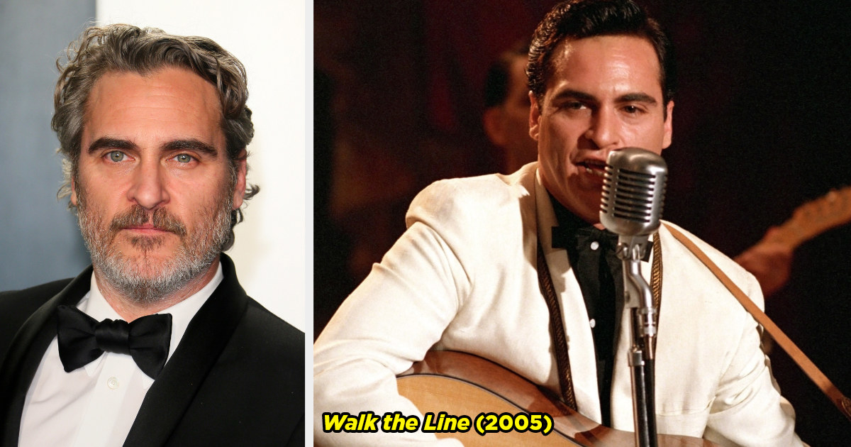 Joaquin Phoenix on the red carpet and Joaquin singing as Johnny Cash in Walk the Line