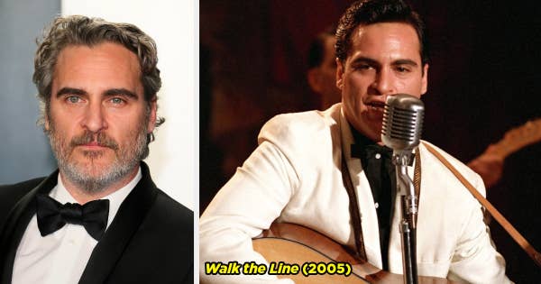 Joaquin Phoenix on the red carpet and Joaquin singing as Johnny Cash in Walk the Line.