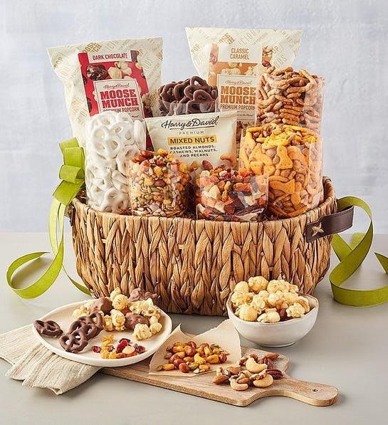 A basket of various popcorns, nuts, and pretzels