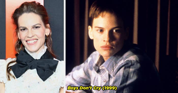 Hilary Swank on the red carpet and Hilary playing Brandon Teena in Boys Don&#x27;t Cry