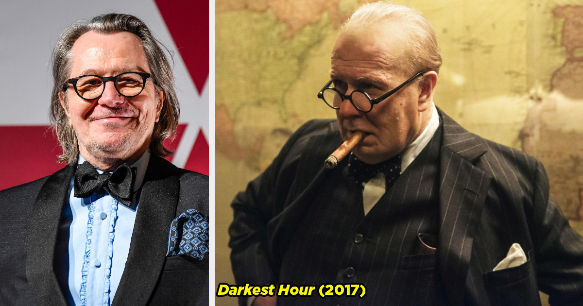 Gary Oldman on the red carpet and Gary with a cigar in his mouth as Winston Churchill