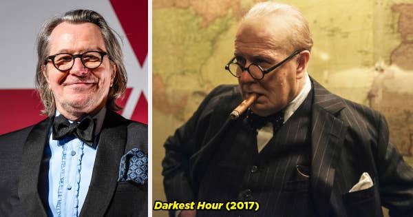 Gary Oldman on the red carpet and Gary with a cigar in his mouth as Winston Churchill