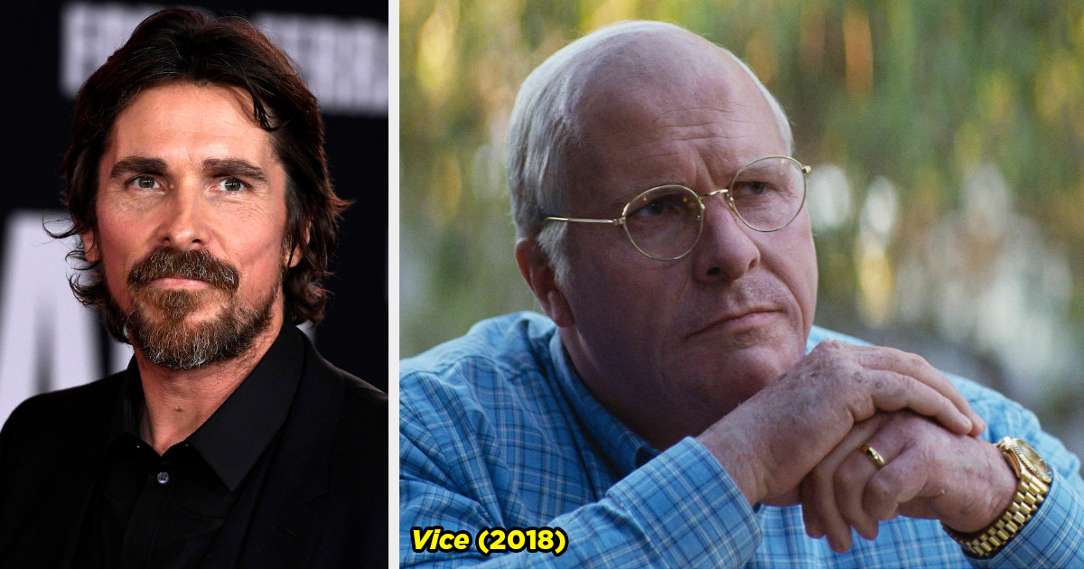 Christian Bale on the red carpet and Christian as Dick Cheney