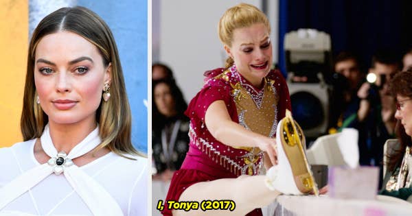 Margot Robbie on the red carpet and Margot crying about her skates dressed as Tonya Harding