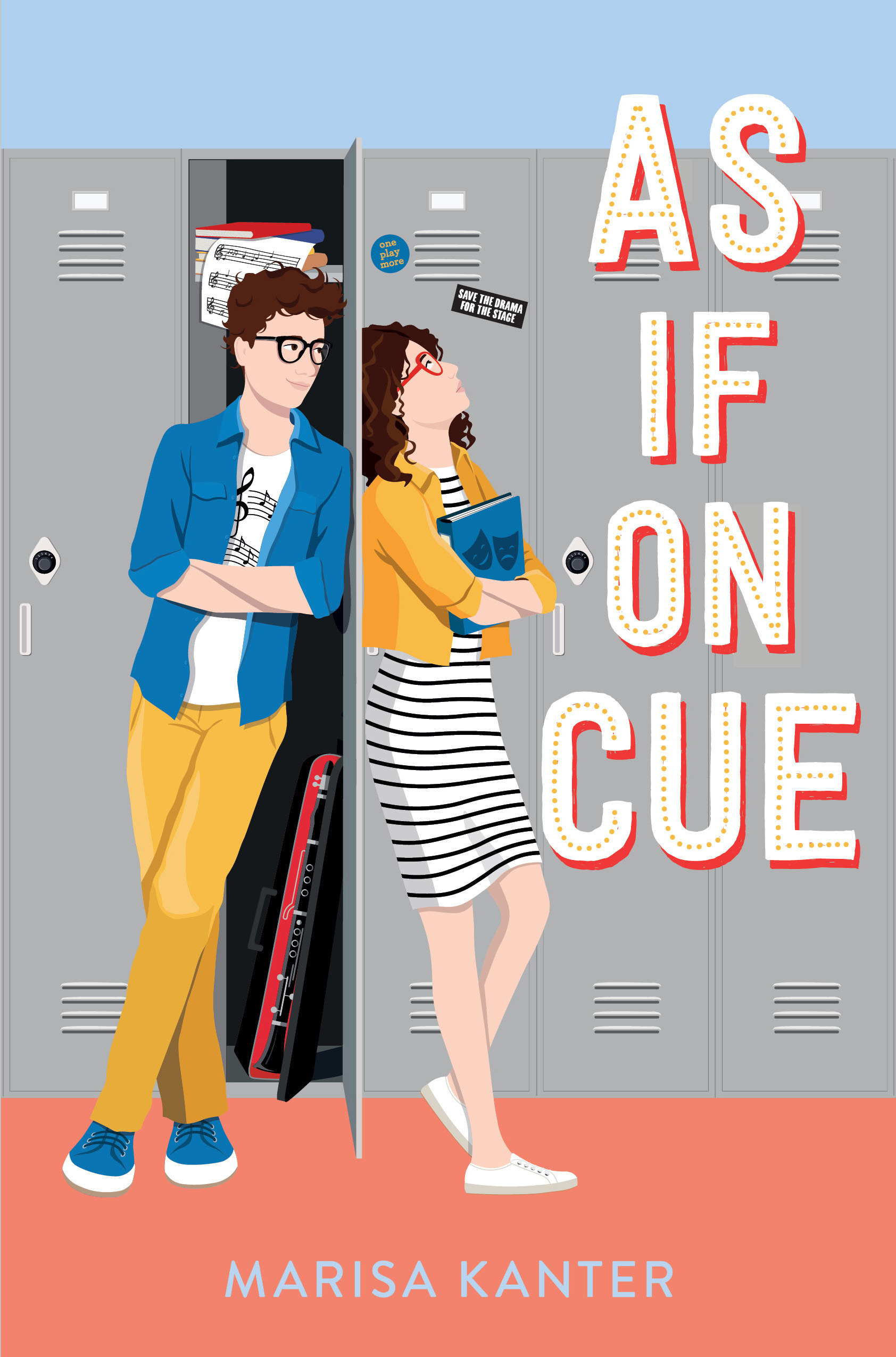 Two white teenagers, a boy wearing an open blue shirt, a white shirt with music notes, and yellow pants and a girl wearing a black and white striped dress and a yellow jacket, stand in front of lockers. Title reads: As If on Cue.
