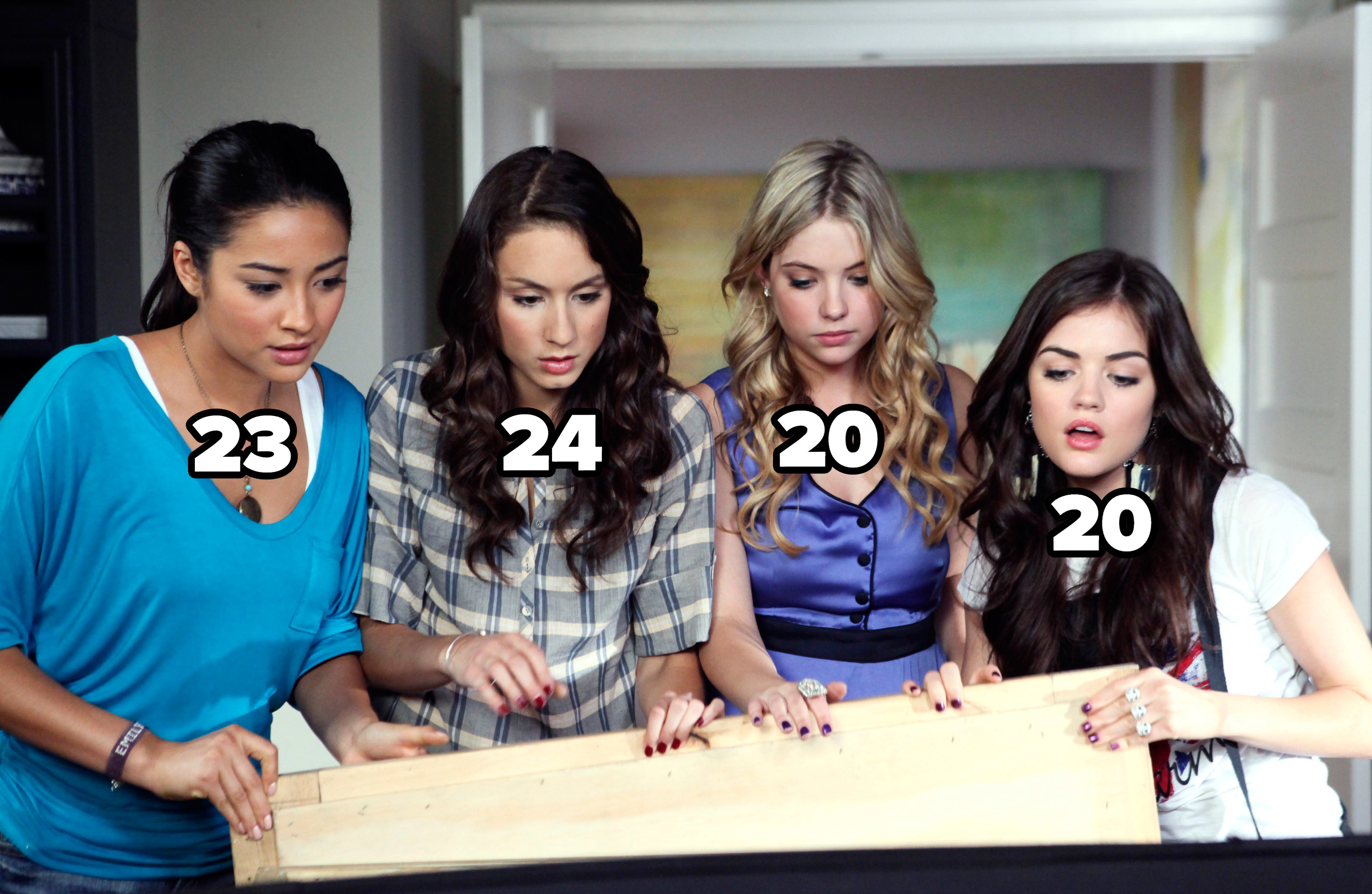 Emily (labeled 23), Spencer (labeled 24), Hanna (labeled 20), and Aria (labeled 20)