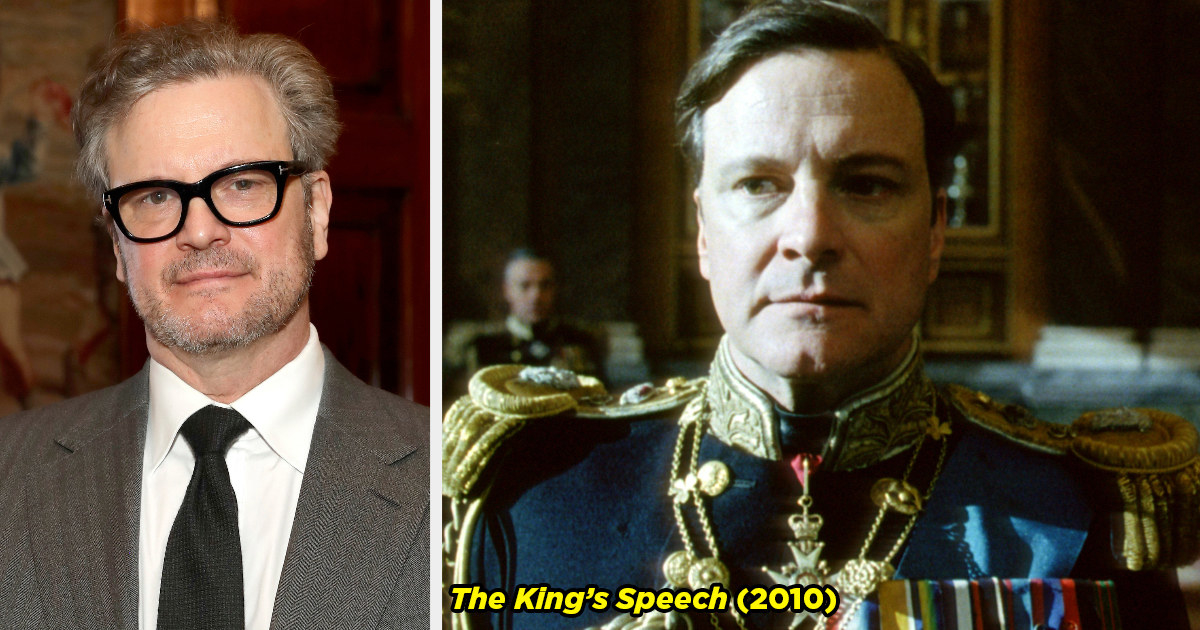 Colin Firth on the red carpet and him as King George VI in The King&#x27;s Speech.