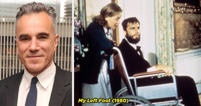 Daniel Day-Lewis on the red carpet and Daniel in a wheelchair in the movie My Left Foot.