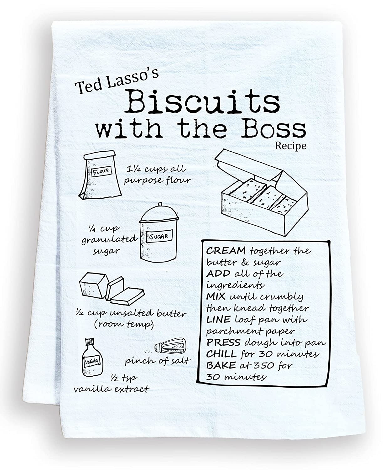 The white Biscuits With The Boss dish towel