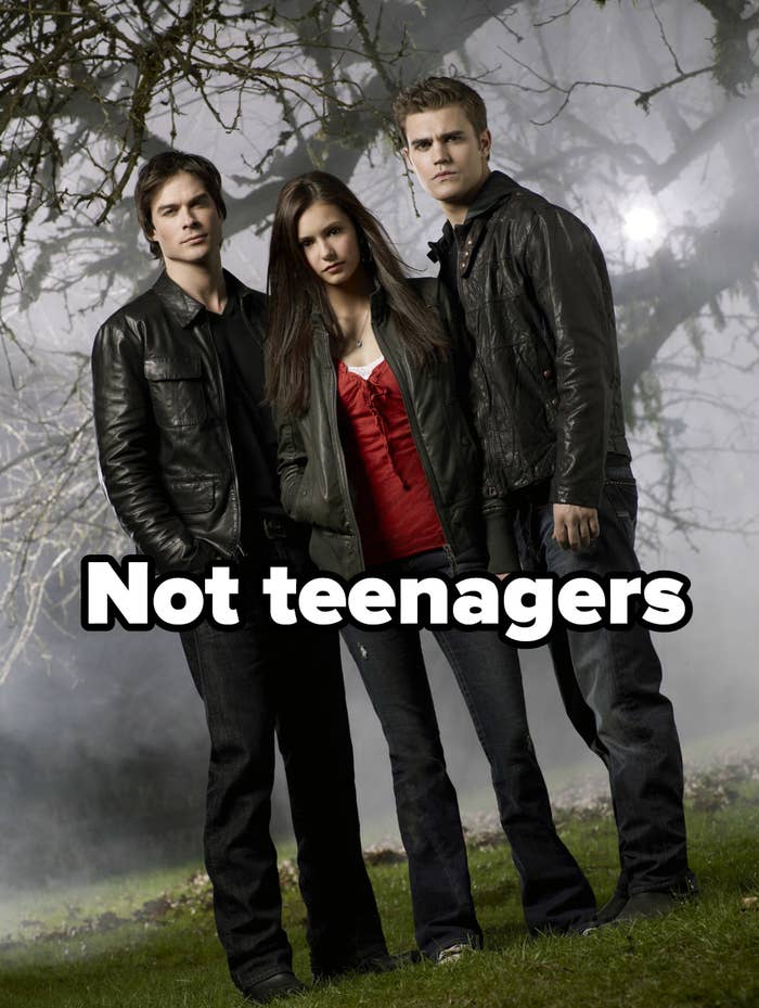 Damon, Stefan, and Elena in a promo shot for the vampire diaries labeled &quot;not teenagers&quot;