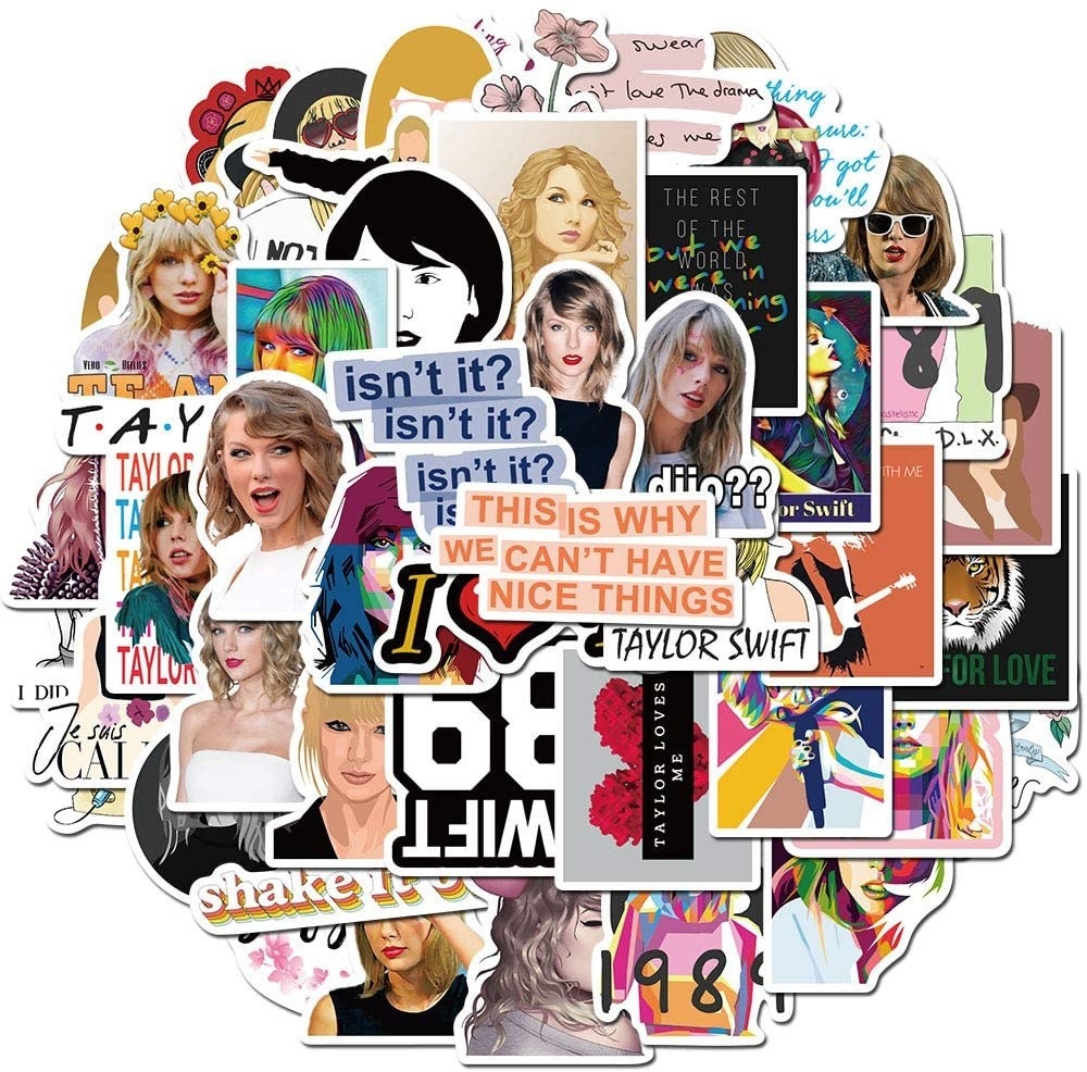 Stickers with Taylor Swift&#x27;s face and lyrics on them