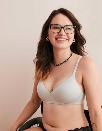 Model wearing wireless push-up bra in glacier gray