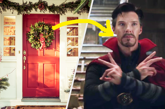 Pine tree wreaths are placed on and over a door. And a close up of Stephen Strange as he wears a cloak