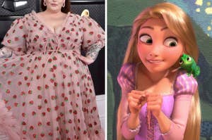 On the left, Tess Holliday wearing the famous strawberry dress, and on the right, Rapunzel from Tangled