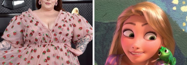 On the left, Tess Holliday wearing the famous strawberry dress, and on the right, Rapunzel from Tangled
