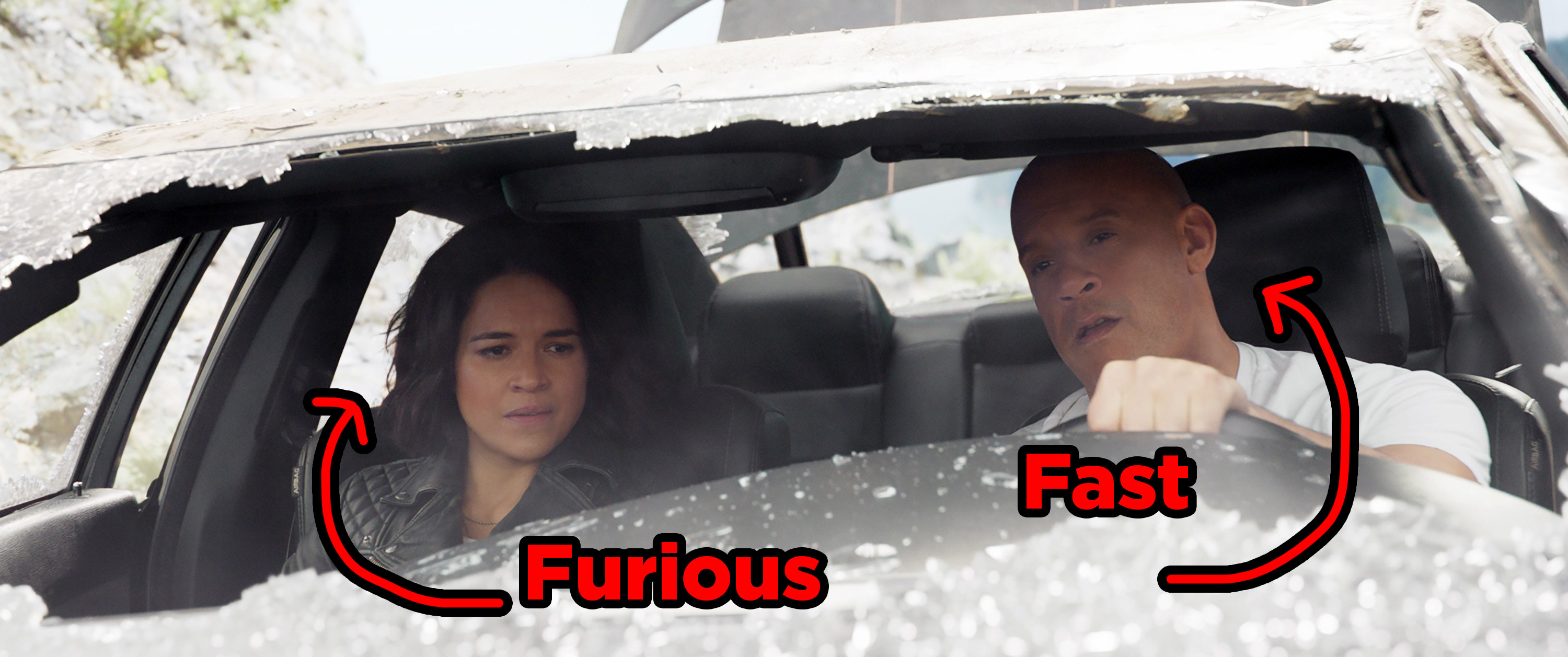 Michelle Rodriguez and Vin Diesel in F9, Michelle is labeled as furious and Vin is labeled as Fast
