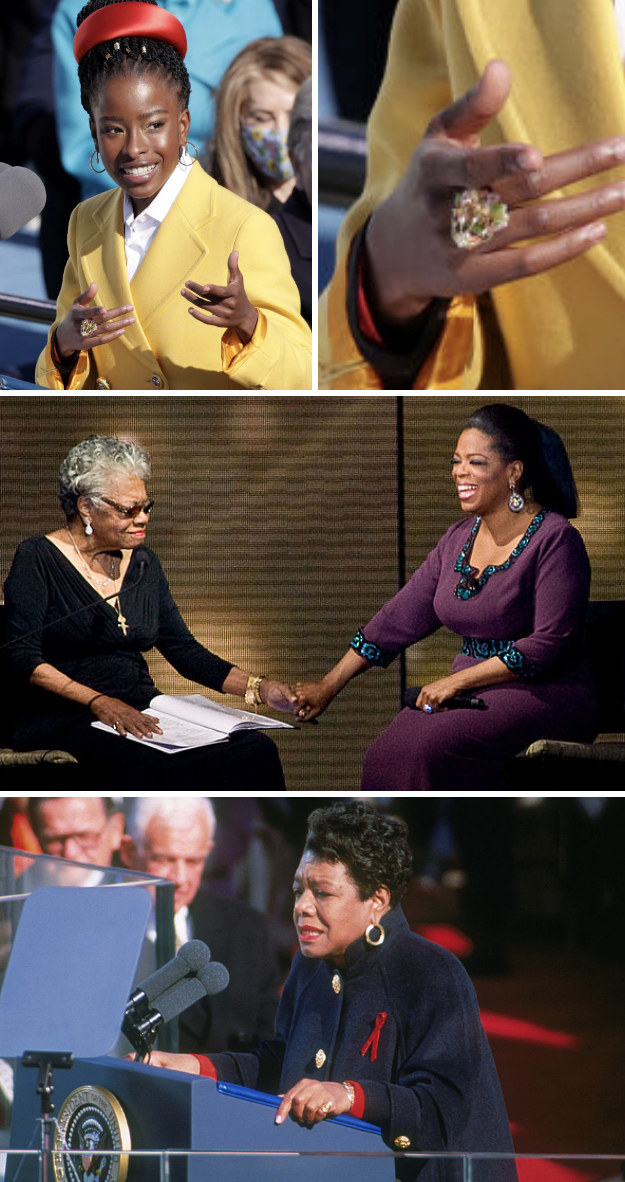 Gorman reading her poem at Biden&#x27;s inauguration in 2021; Angelou and Oprah on stage together at &quot;Surprise Oprah! A Farewell Spectacular&quot; in 2011; Angelou reading her poem at Clinton&#x27;s inauguration in 1993