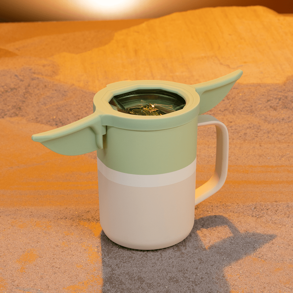insulated coffee mug with a top lid shaped like Yoda ears
