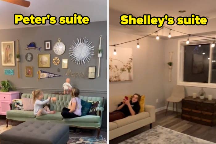 Pete&#x27;s suite features a more eclectic aesthetic with the walls filled with knick knacks while Shelley&#x27;s suite is more modern with a string of lights across the room